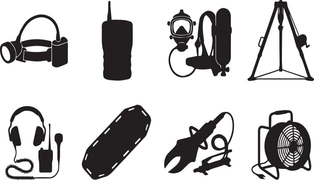 Rescue equipment silhouettes set, industrial safety and emergency tools vector illustration