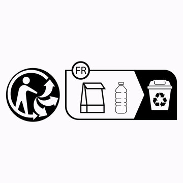 French FR Triman Recycling Icon with Paper and Plastic Bottle Sorting Label for Packaging Waste Disposal