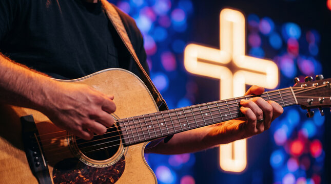 Musicians performing christian worship concert on stage with illuminated cross for audience. Religious music event, modern church service, easter celebration and spiritual gathering