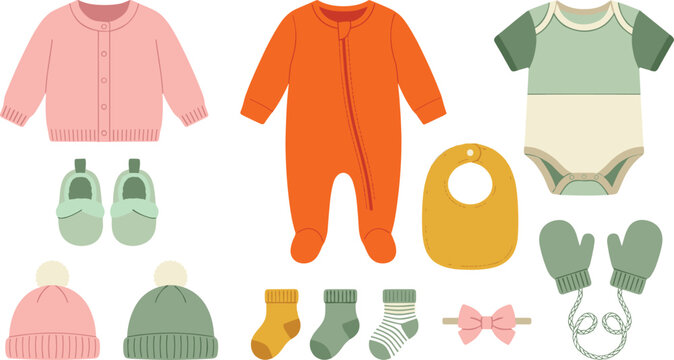 Newborn baby clothing and cute infant apparel vector illustration set with orange sleepsuit, cardigan sweater, bodysuit romper, beanies, socks, bib, and mittens