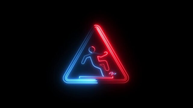 Neon wet floor warning sign animation, glowing hazard symbol motion