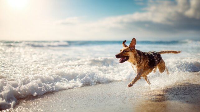 joyful dog running along sandy beach near ocean waves, freedom and happiness concept, bright sunlight, realistic motion, premium pet photography