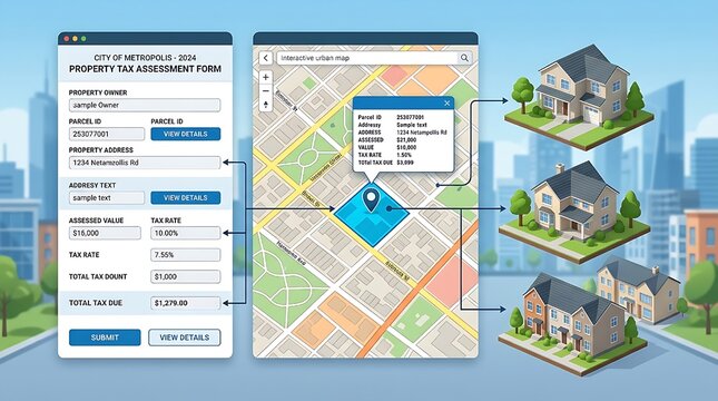 PROPERTY TAX FORM CONCEPT WITH URBAN MAP AND RESIDENTIAL BUILDINGS - THIS IMAGE ILLUSTRATES 