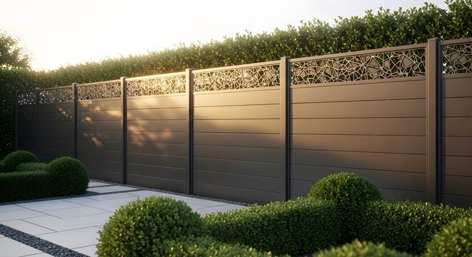 Modern garden fence with decorative top panels and lush green landscaping.