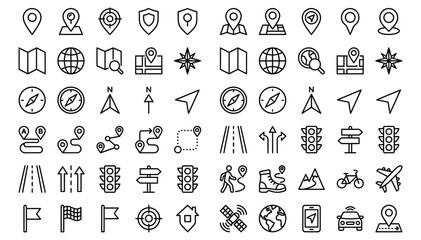 Naklejka premium route Navigation web icons in line style. Direction, location, route map, traffic, pin, collection. Editable stroke. Vector illustration.