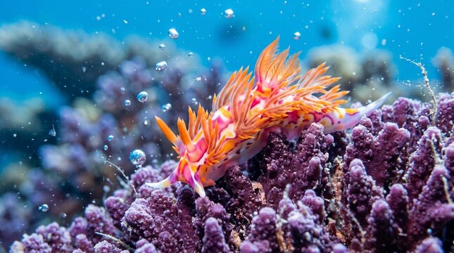 Bright orange nudibranch sea slug crawling on purple coral reef underwater