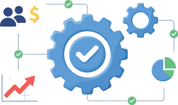 Business process optimization vector illustration with gear, checkmark, chart, teamwork, and workflow efficiency design