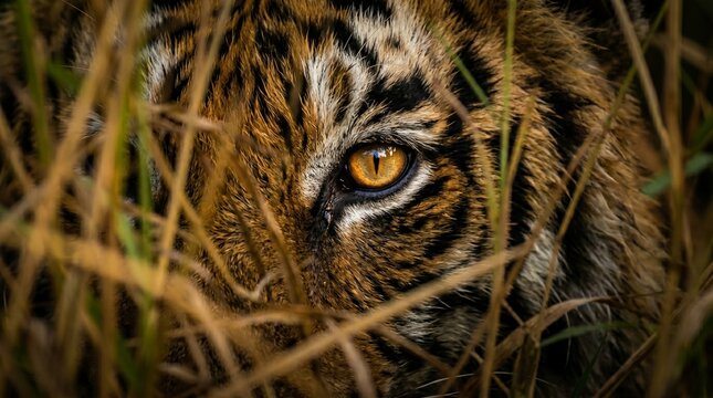 Close up portrait of wild bengal tiger eye staring through tall grass foliage