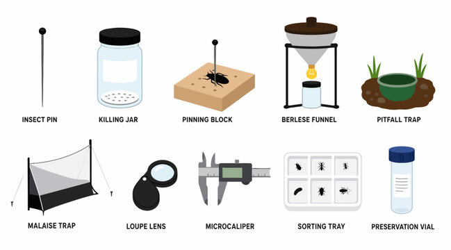 Collection of laboratory equipment and scientific tools illustration.