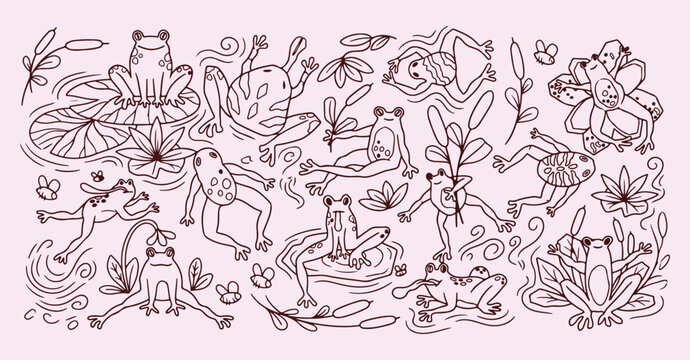 hand drawn frog pond pattern, swamp nature sketch background, little frog icons, playful pond motif, cute frog illustration, pond life design, nature art texture, creative frog graphic
frog, pond, pat