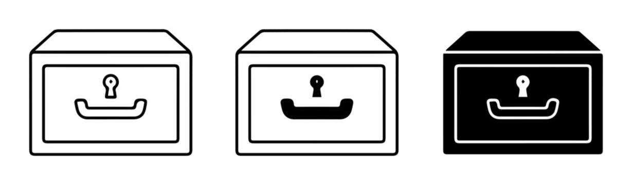 Safe icons, security box symbols, lockbox illustrations, 3 safe drawer designs
