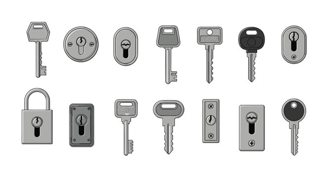 Detailed set of different door keys, padlocks, and keyhole types used for security and access control in homes and businesses.