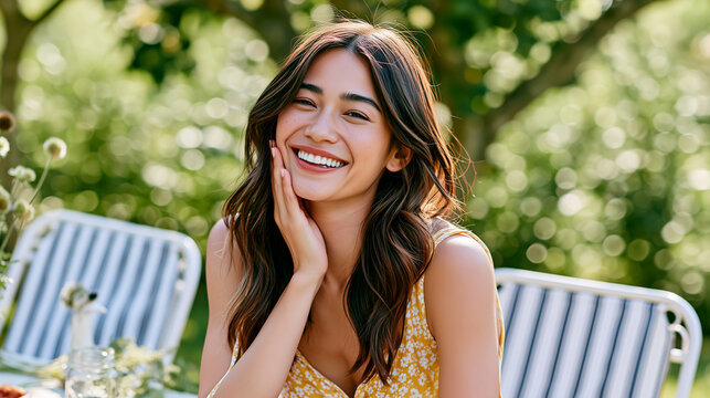 Summer picnic portrait, laughing woman near outdoor table, warm sunlight, green bokeh, joyful friendship mood, serotonin lifestyle, carefree happiness, relaxed weekend leisure.