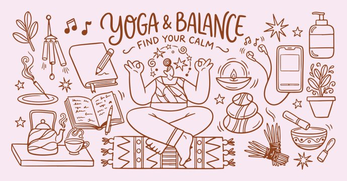 hand drawn yoga balance pattern, meditation exercise sketch background, healthy lifestyle icons, inner peace motif, mindful yoga pose illustration, calm wellness design, balance art texture, creative 