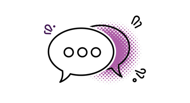 Minimalist graphic showing two overlapping speech bubbles in white and purple with ellipses representing ongoing conversation or typing.