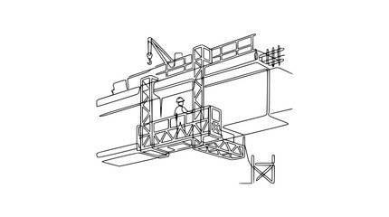 Obraz premium Construction worker on suspended platform at industrial site, engineering blueprint style illustration