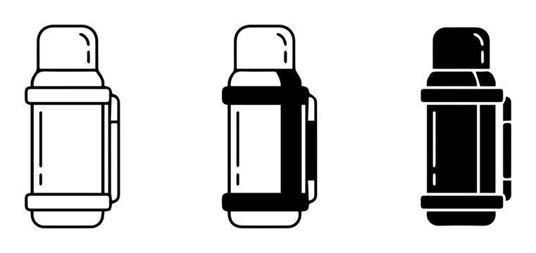 Thermos bottle icons, black and white vector illustrations, thermal flask graphics