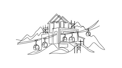 Mountain Resort Gondola Station with Cable Cars, Abstract Line Art © Dodo