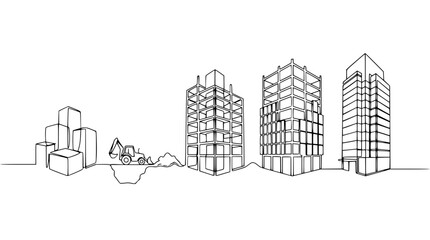 Obraz premium Construction Progress: Excavator, Frameworks, and Completed Buildings in Line Art