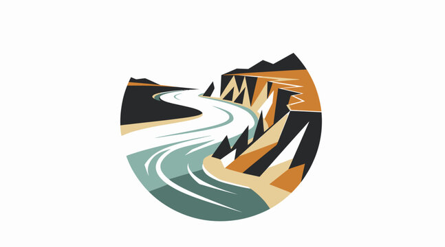 Abstract mountain and river landscape illustration.
