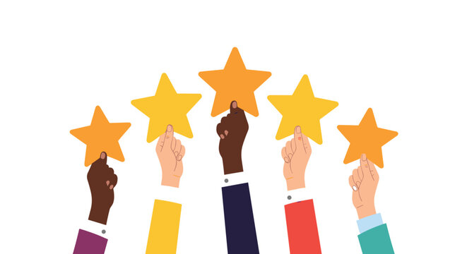 Five hands of different skin tones holding large yellow stars representing a high rating or excellent customer satisfaction.