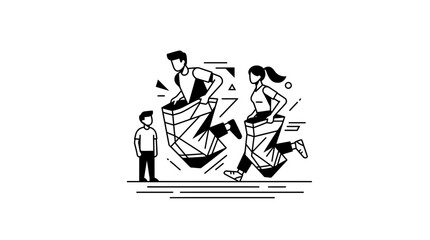 Obraz premium Minimalist Black and White Illustration of People Competing in a Sack Race Fun Game