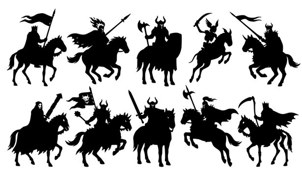 Black Fantasy Cavalry Silhouettes Featuring Medieval Devil Knights Skeletal Horse Riders and War Banner Vector Set