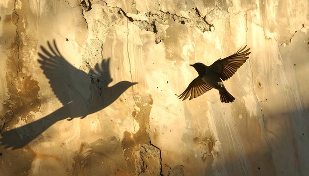 A bird in flight casts a shadow against a rough, sunlit wall, detail