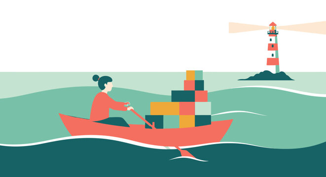 Person in small boat with colorful blocks at sea.