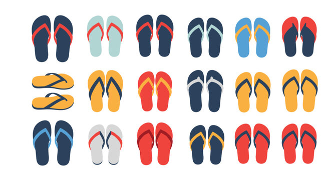 Large set of colorful flip-flop sandals in different colors and patterns arranged in three neat rows on a white background.