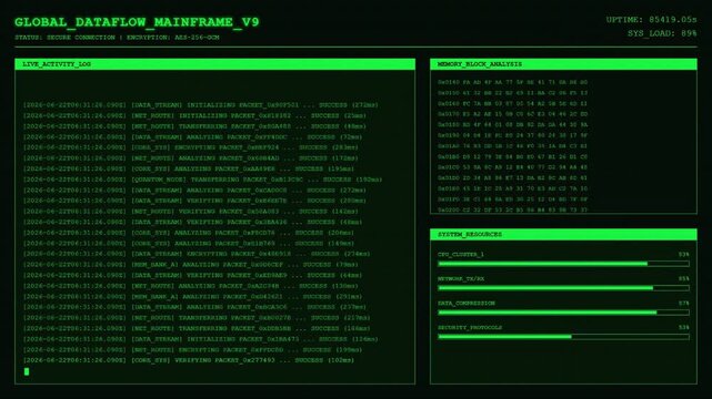 Futuristic green global dataflow mainframe terminal log hud interface animation.