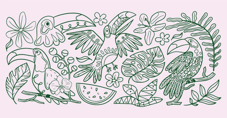 hand drawn tropical bird pattern, exotic jungle sketch background, colorful bird icons, wild nature motif, tropical forest illustration, jungle bird design, vibrant bird texture, creative wildlife gra © Geetaroy
