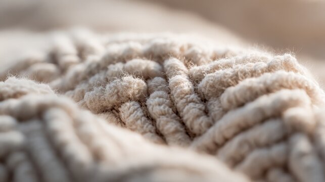 macro textile detail, boucle chair fabric and knitted chevron throw blanket, extreme close up fibers, soft natural light, tactile luxury textures