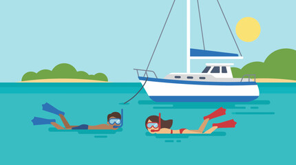 Snorkeling Couple Near Anchored Yacht Vector Illustration © Bima
