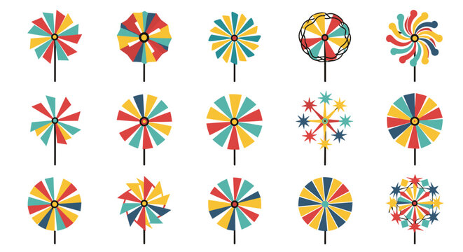Large assortment of fifteen colorful pinwheel toys in various patterns and shapes used as festive decorations or children outdoor toys.