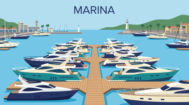 Marina with Rows of Luxury Yachts Vector Illustration