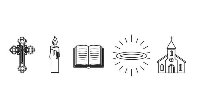 Set of hand drawn religious icons featuring a cross candle bible halo and church.