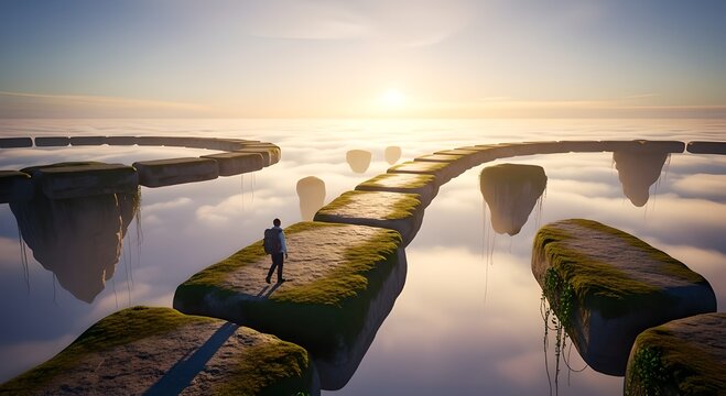 A person walks along a winding path of grassy stepping stones across calm water towards the sunrise.