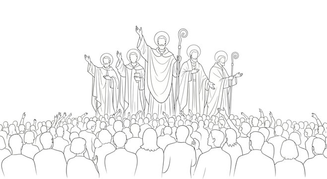 Line art illustration of religious leaders addressing a large crowd of followers.