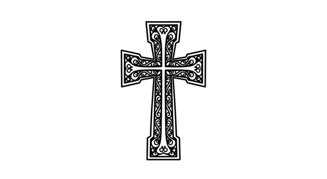 An intricate Armenian khachkar style cross illustration with ornate floral filigree patterns.