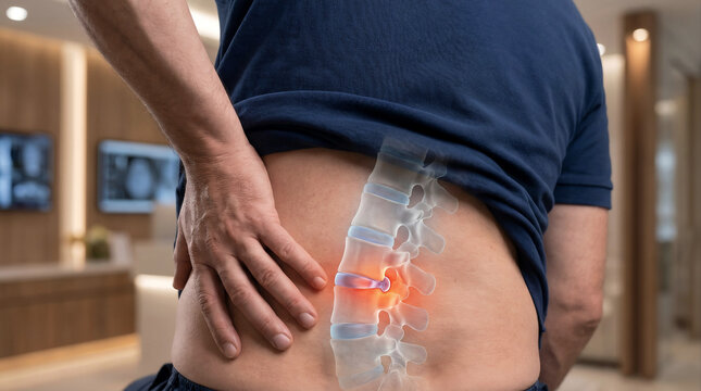 Close Up of Man with Herniated Lumbar Disc and Transparent Spine Anatomy Overlay Highlighting Lower Back Pain