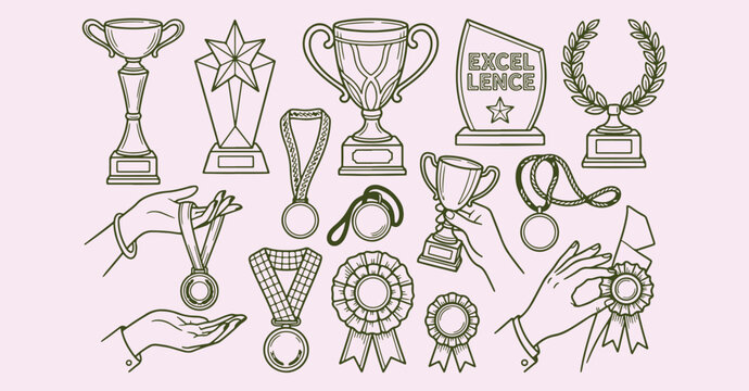 hand drawn champion trophy pattern, success award sketch background, competition winner icons, victory achievement motif, professional achievement illustration, sports prize design, winning art textur