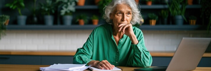 Fototapeta premium Elderly woman in green shirt working at desk with laptop and papers for website banner and remote work background and lifestyle content