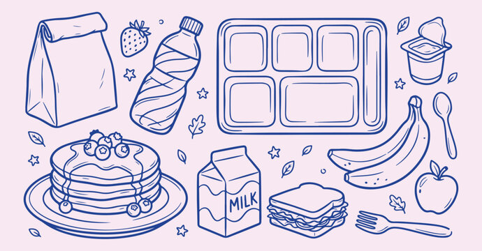 hand drawn lunch box pattern, healthy meal sketch background, school snack icons, food container motif, delicious lunch illustration, packed food design, daily diet texture, creative snack graphic
lun