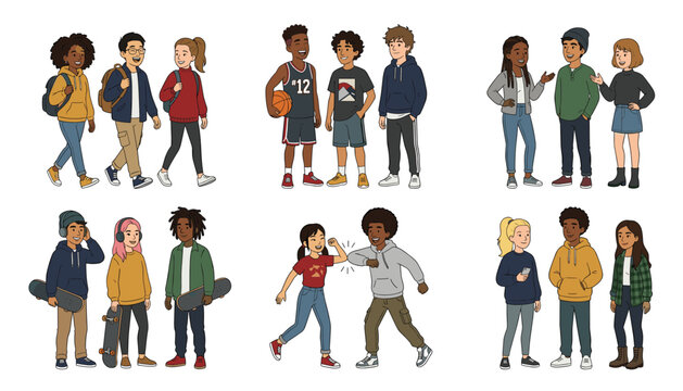 Diverse teenager group of happy students and friends talking skateboarding playing basketball standing together cartoon vector illustration character set