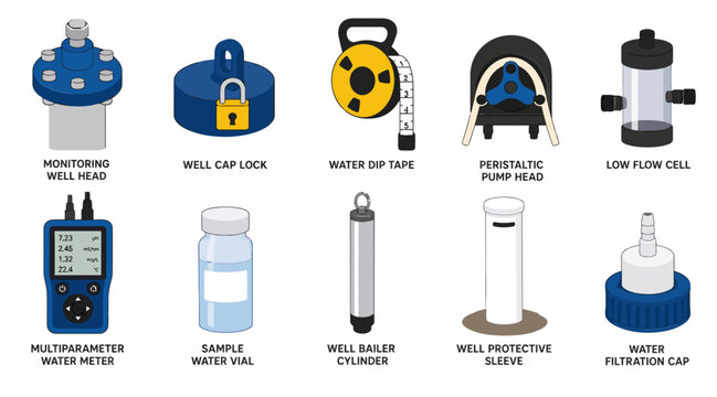 Collection of industrial water well equipment and tools.