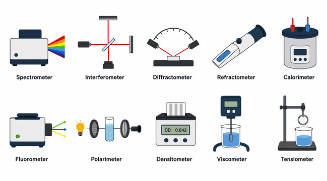 Collection of laboratory instruments and scientific equipment icons.