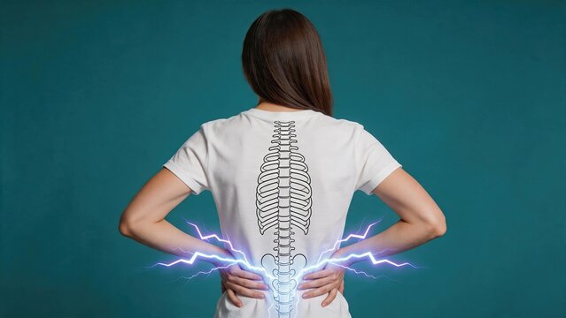Woman holding lower back with pain sensation illustrated by lightning bolts and skeleton spine overlay on white shirt