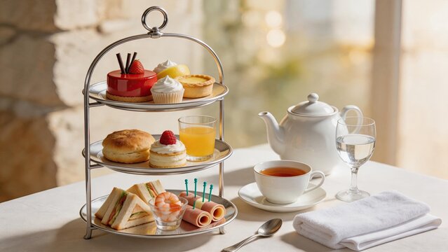 Elegant afternoon tea service set with tiered stand, pastries, sandwiches, scones, teapot and cup, luxury dining experience