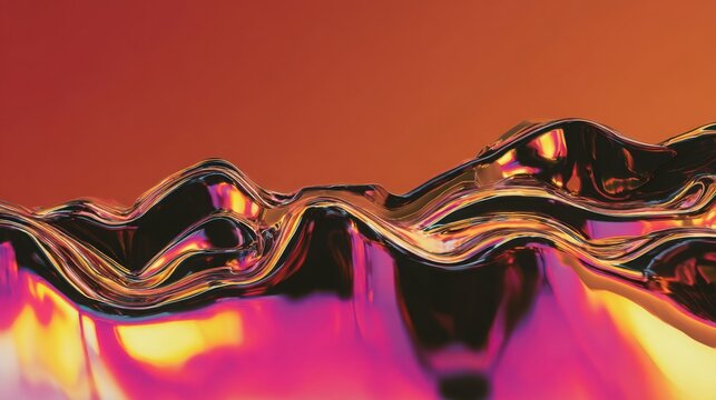 Mirror polished liquid chrome hills and valleys reflecting vibrant gradients, futuristic luxury aesthetic, spectacular abstract background, huge space